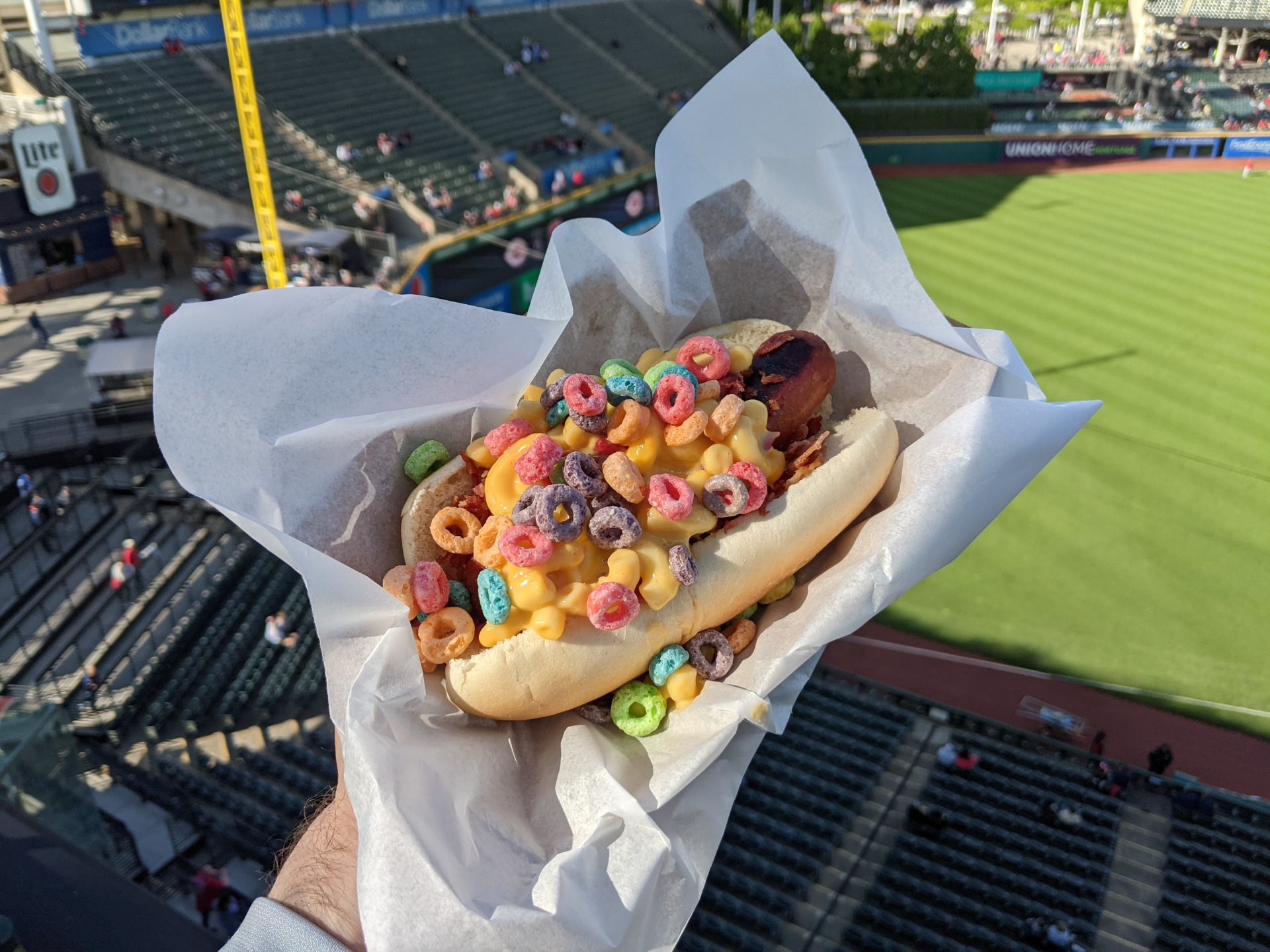 Progressive Field has a variety of standard and unusual items, including a hot dog topped with cereal.